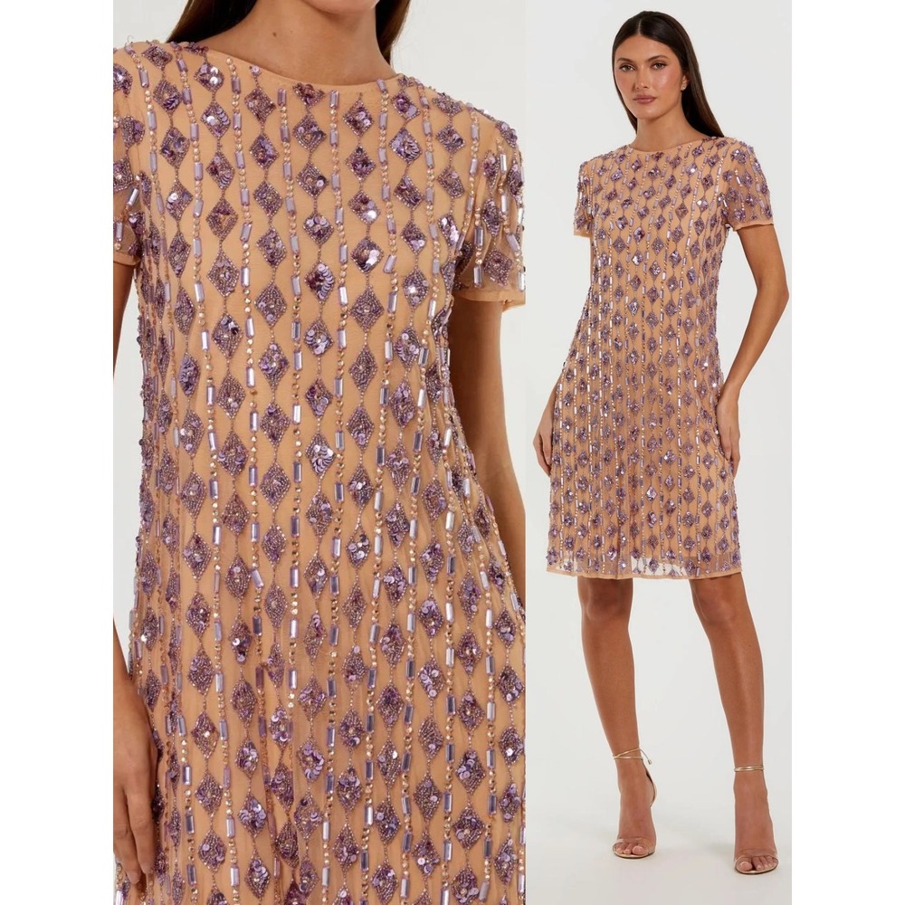 NWT Mac Duggal Beige Embellished Short Sleeve Shift Dress $558 - Size Medium